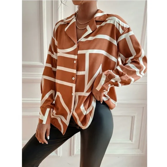 Geometric Print Blouse Buttoned Shirt Rust Color - Picture 2 of 7